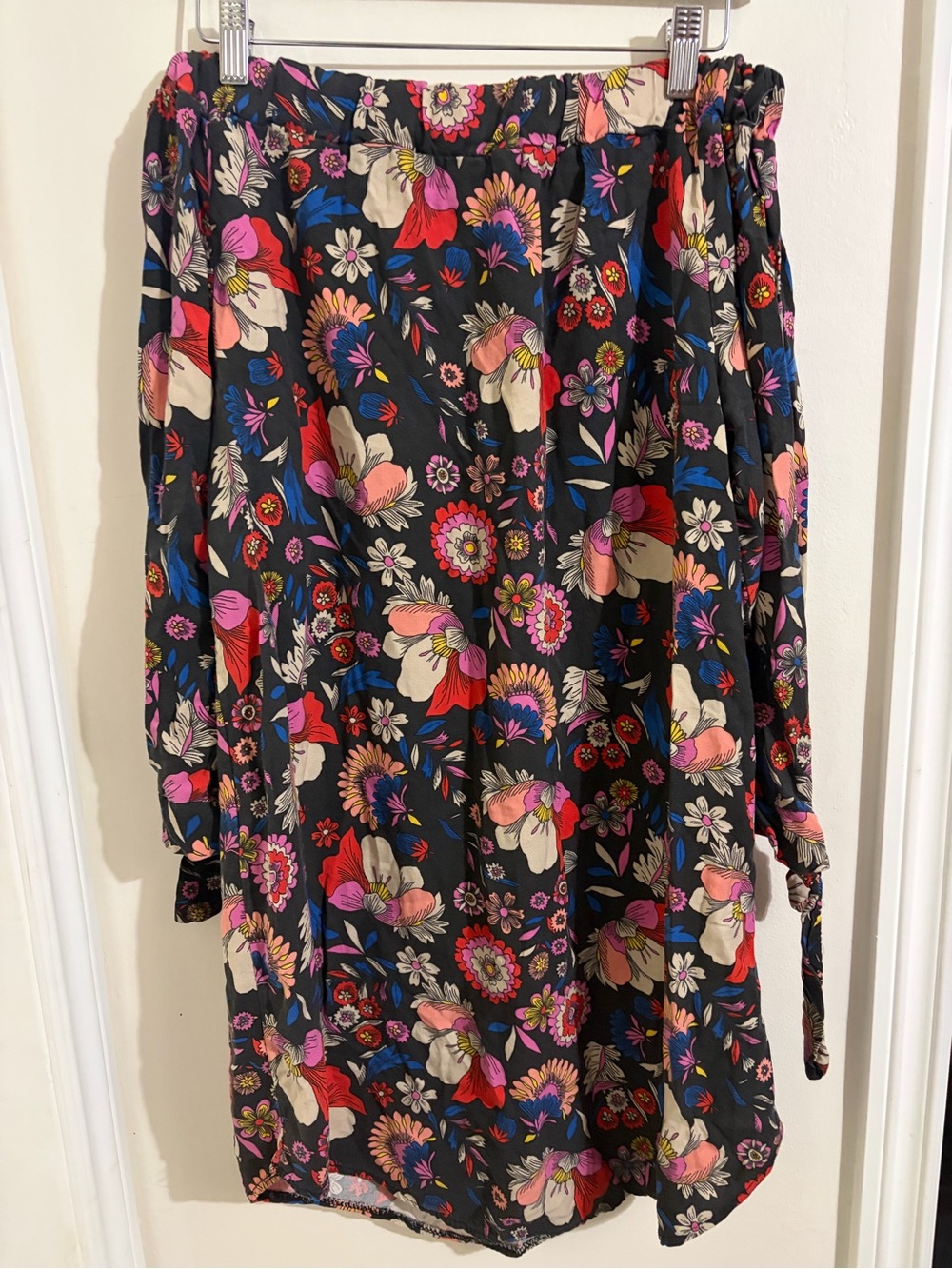 Piano Floral Off-Shoulder Mini Dress in Black with Multicolor Blooms